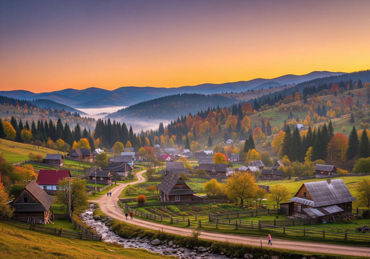 Carpathian Mountains landscape with traditional village
