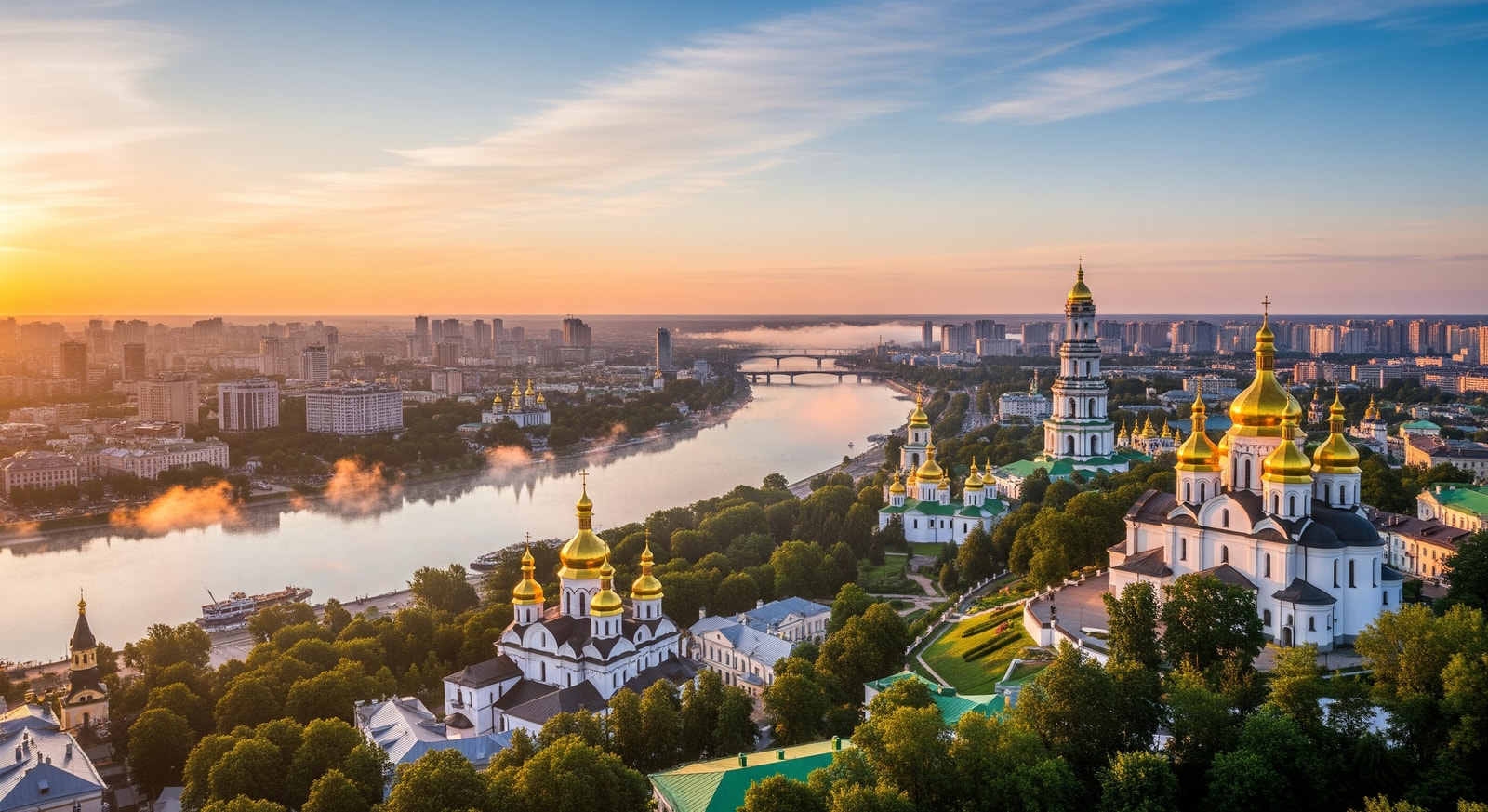 Panoramic view of Kyiv with Dnipro River and golden church domes
