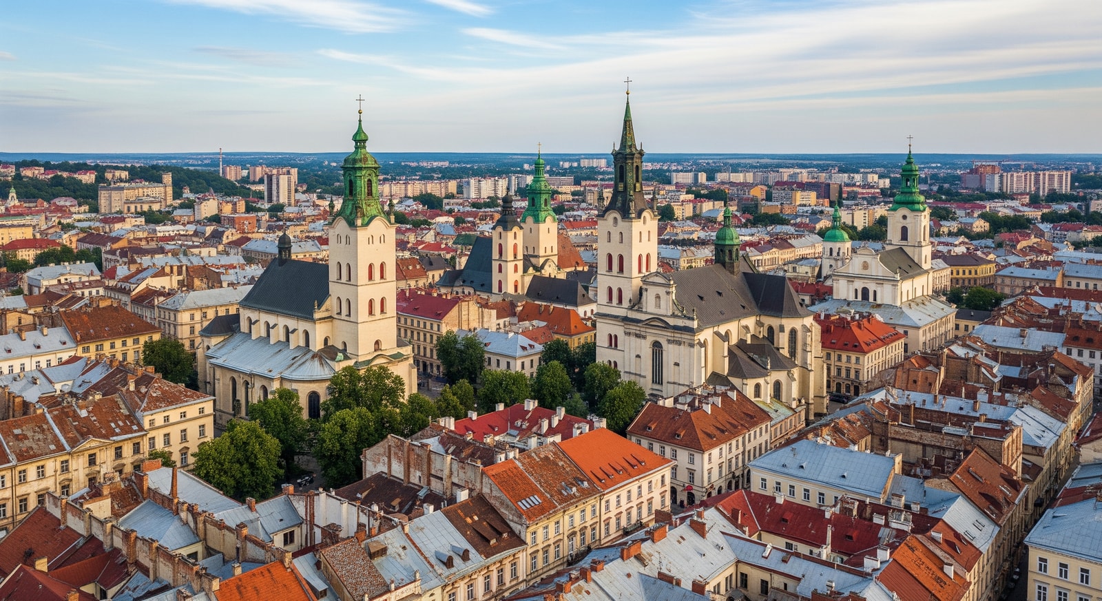Aerial view of Lviv old town with colorful rooftops and church spires