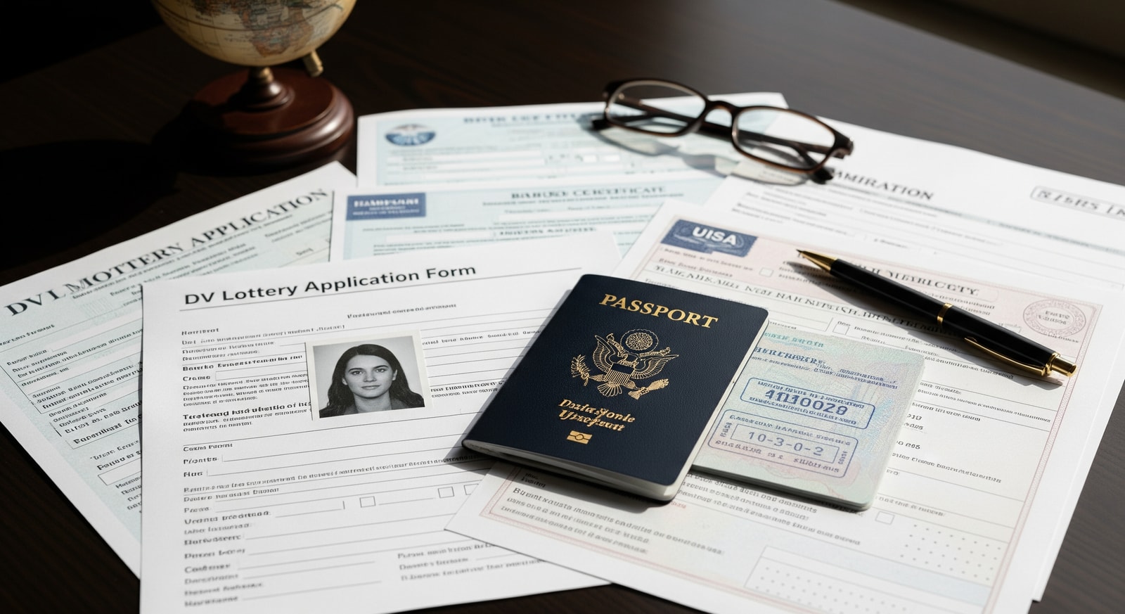 Immigration documents and passport representing DV Lottery application requirements