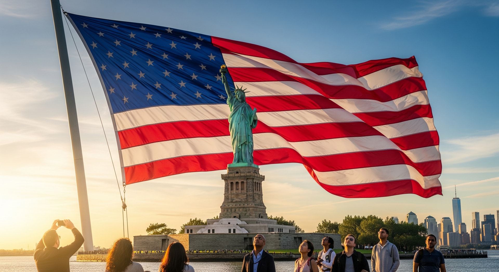 Statue of Liberty with American flag representing USA immigration and the Diversity Visa program