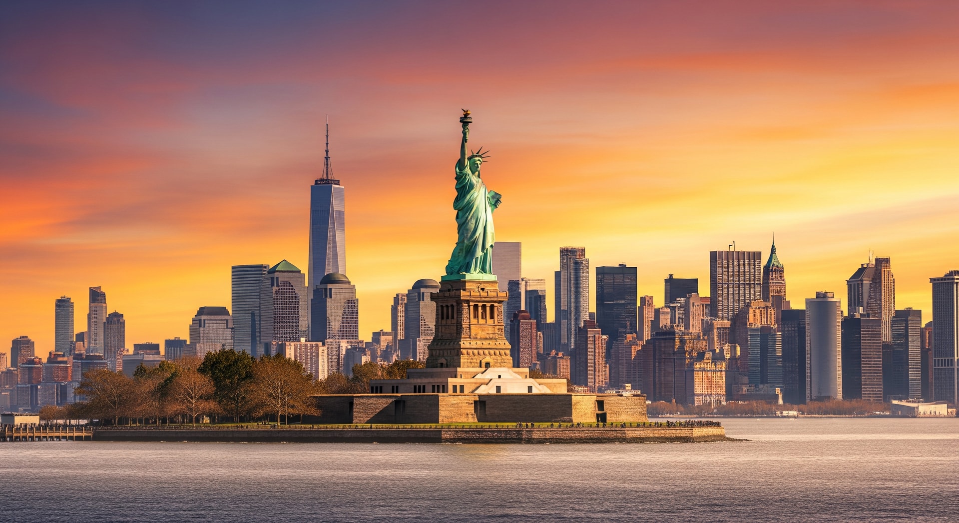 Statue of Liberty with New York City skyline in the background