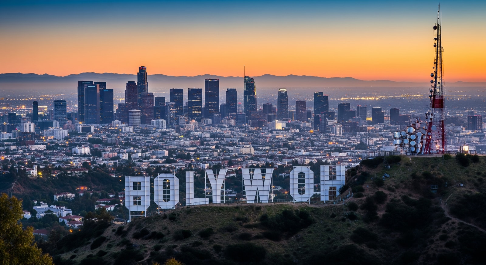 Hollywood sign with Los Angeles cityscape