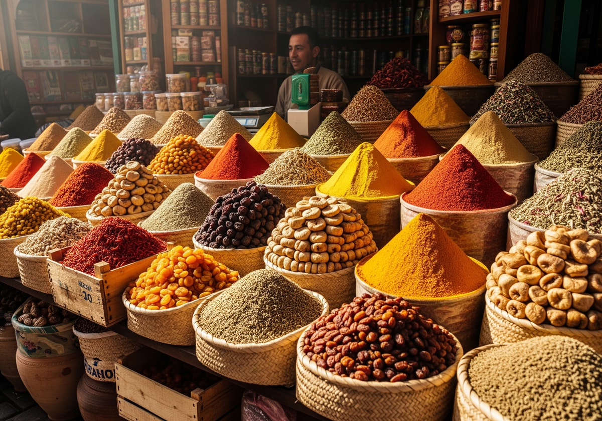 Traditional bazaar with spices and dried fruits