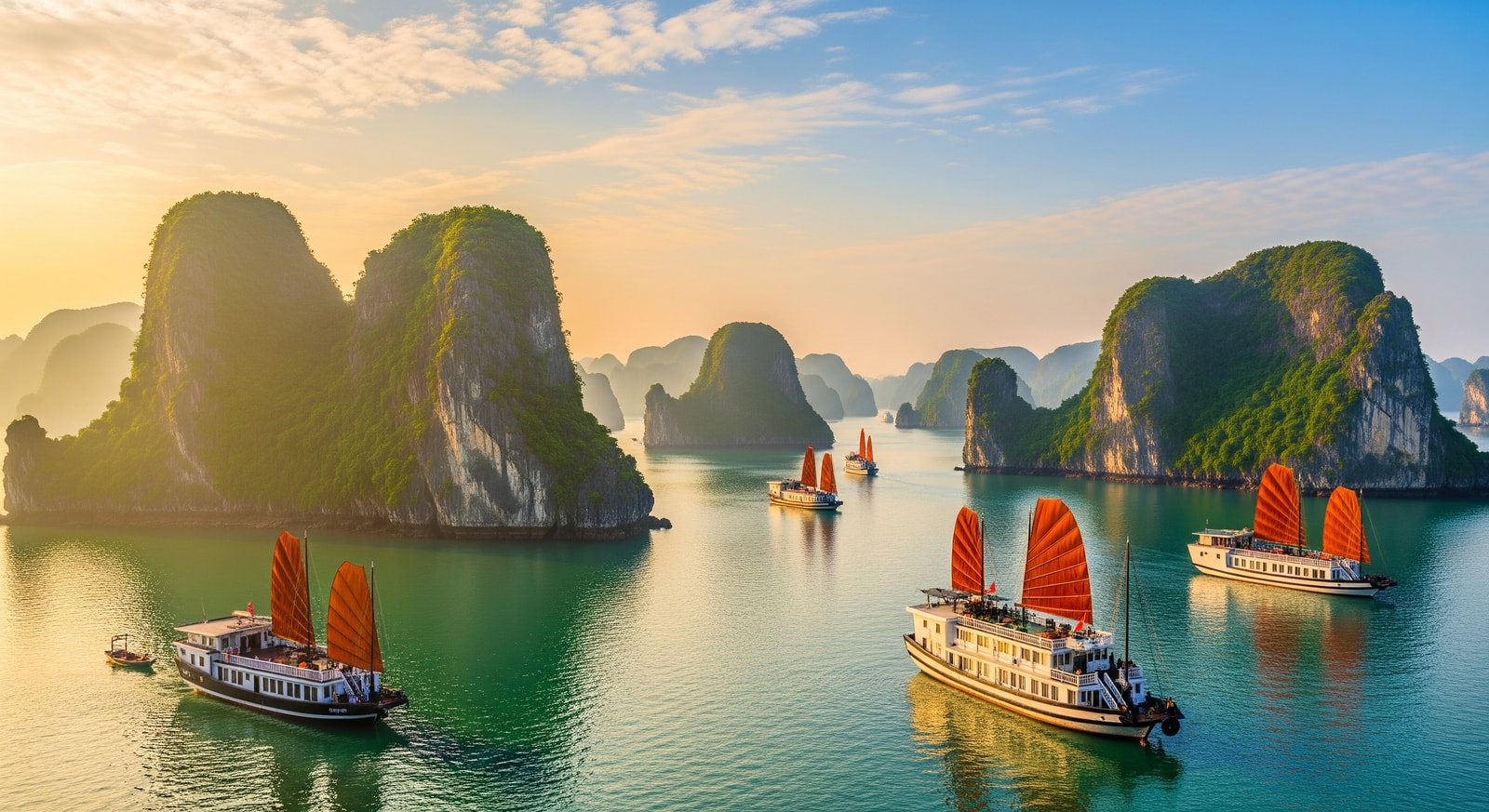 Stunning view of Ha Long Bay with limestone karsts and traditional junk boats