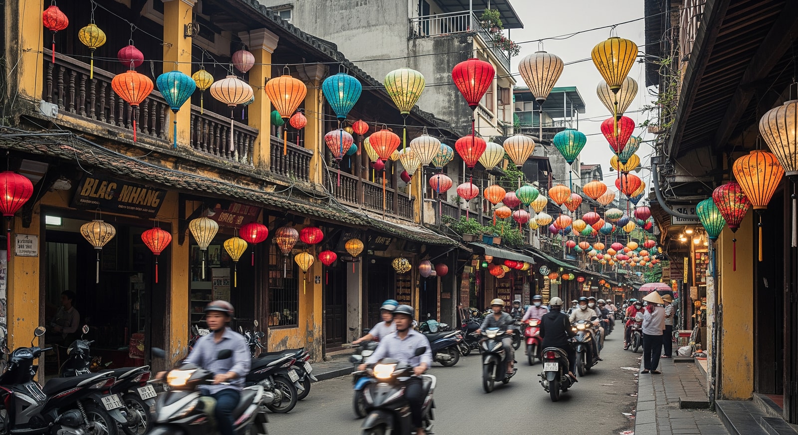 Traditional Vietnamese architecture in Hanoi Old Quarter with lanterns and motorbikes