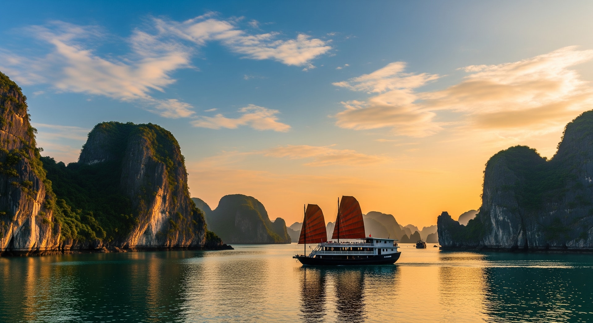 Ha Long Bay with traditional junk boat sailing among limestone karsts at sunset
