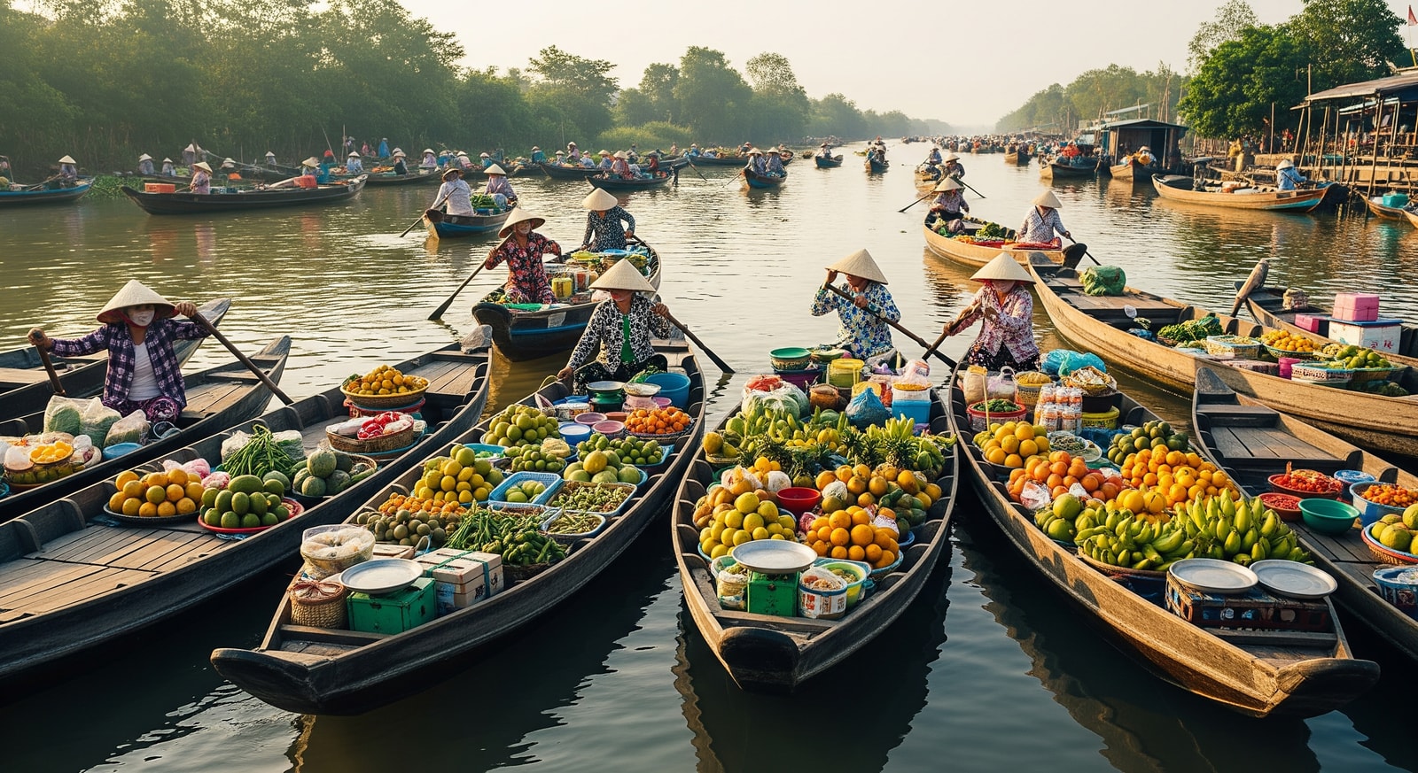 Traditional boats on the Mekong Delta with floating market vendors