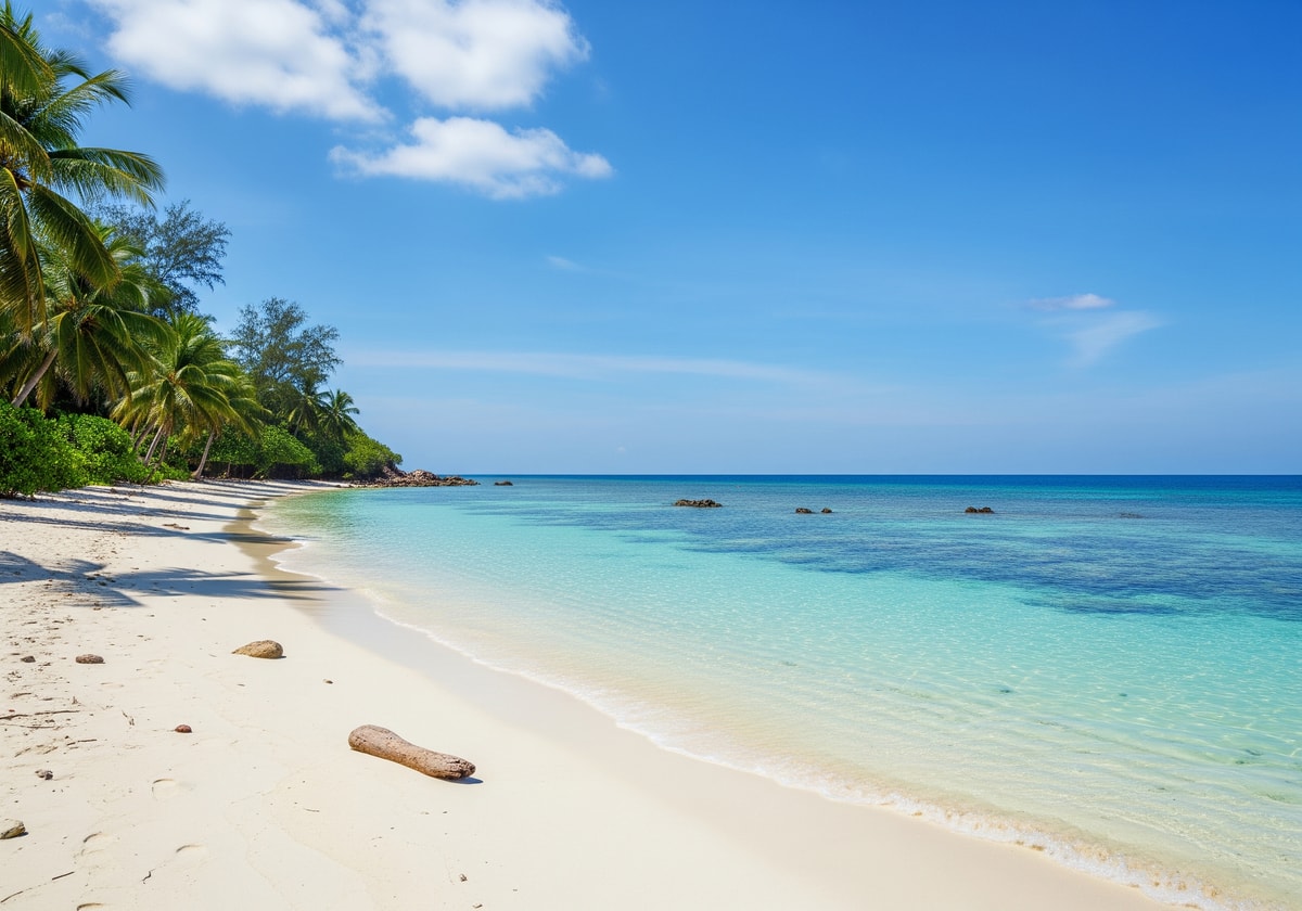 Pristine white sand beach and turquoise water at Phu Quoc Island