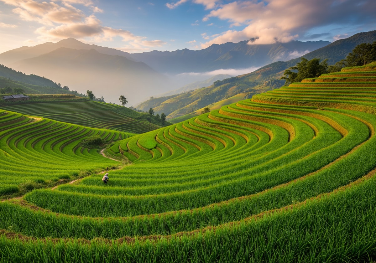 Terraced rice fields in Sapa with mountains in the background