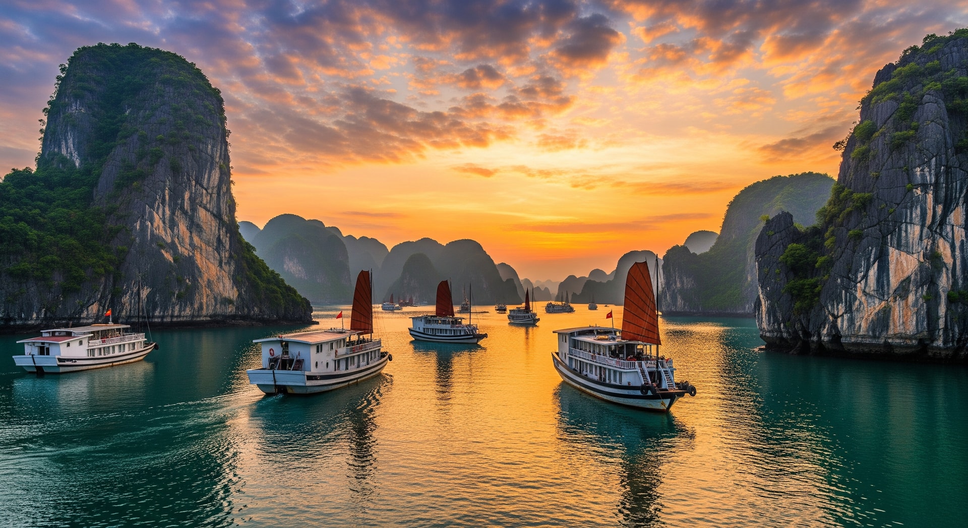 Ha Long Bay with traditional Vietnamese junk boats sailing between limestone karsts