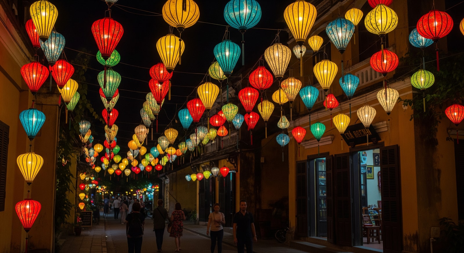 Colorful lanterns hanging over the streets of Hoi An ancient town at night
