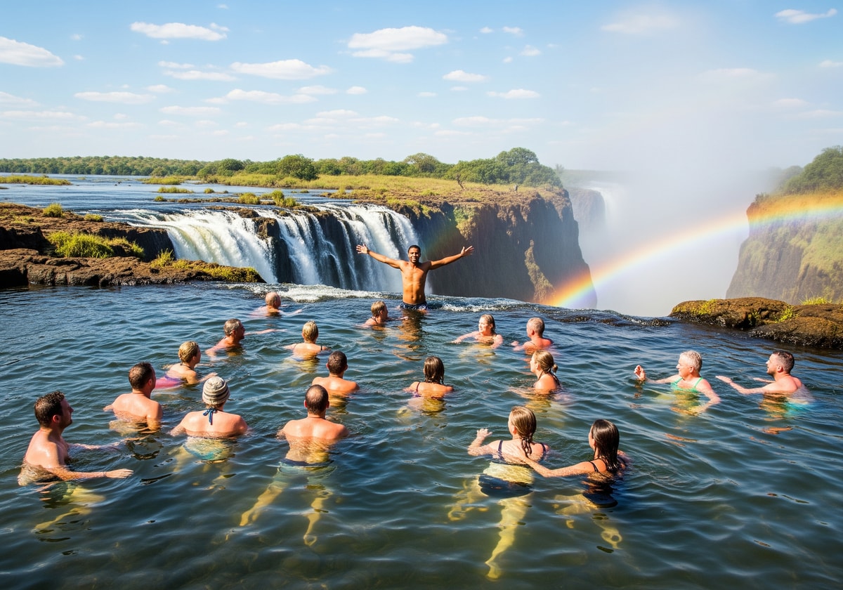 Tourists swimming in Devil's Pool at the edge of Victoria Falls