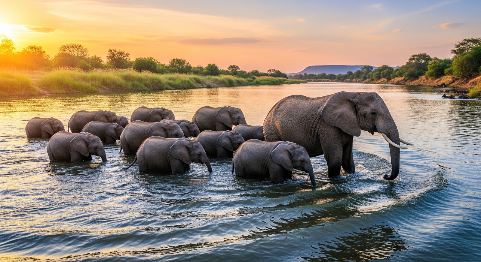 African elephant herd crossing the Zambezi River in Zambia