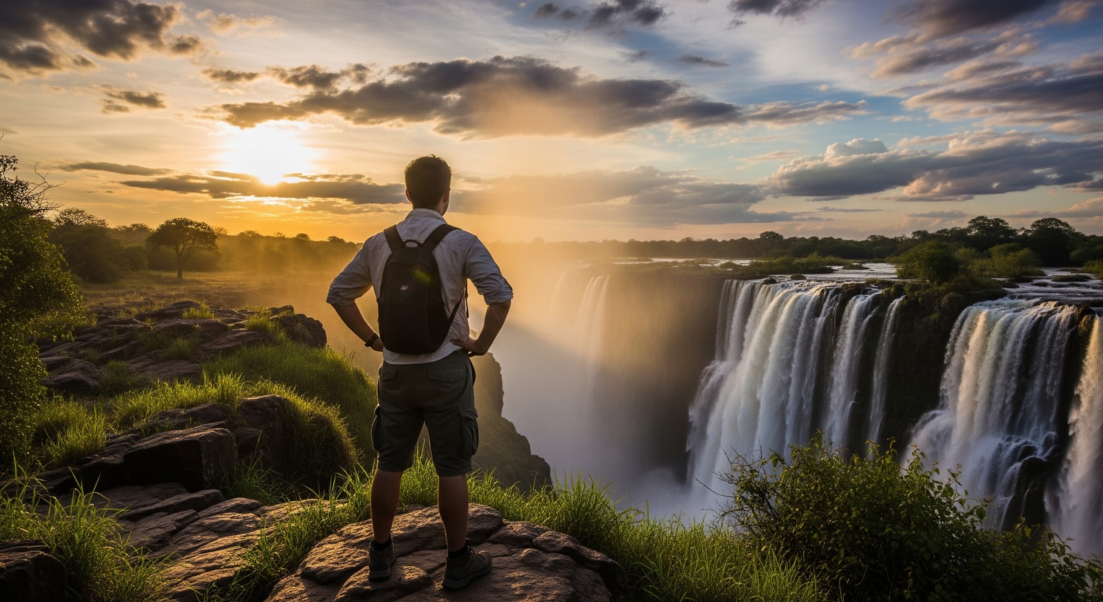 Traveler enjoying the view of Victoria Falls from the Zambian side