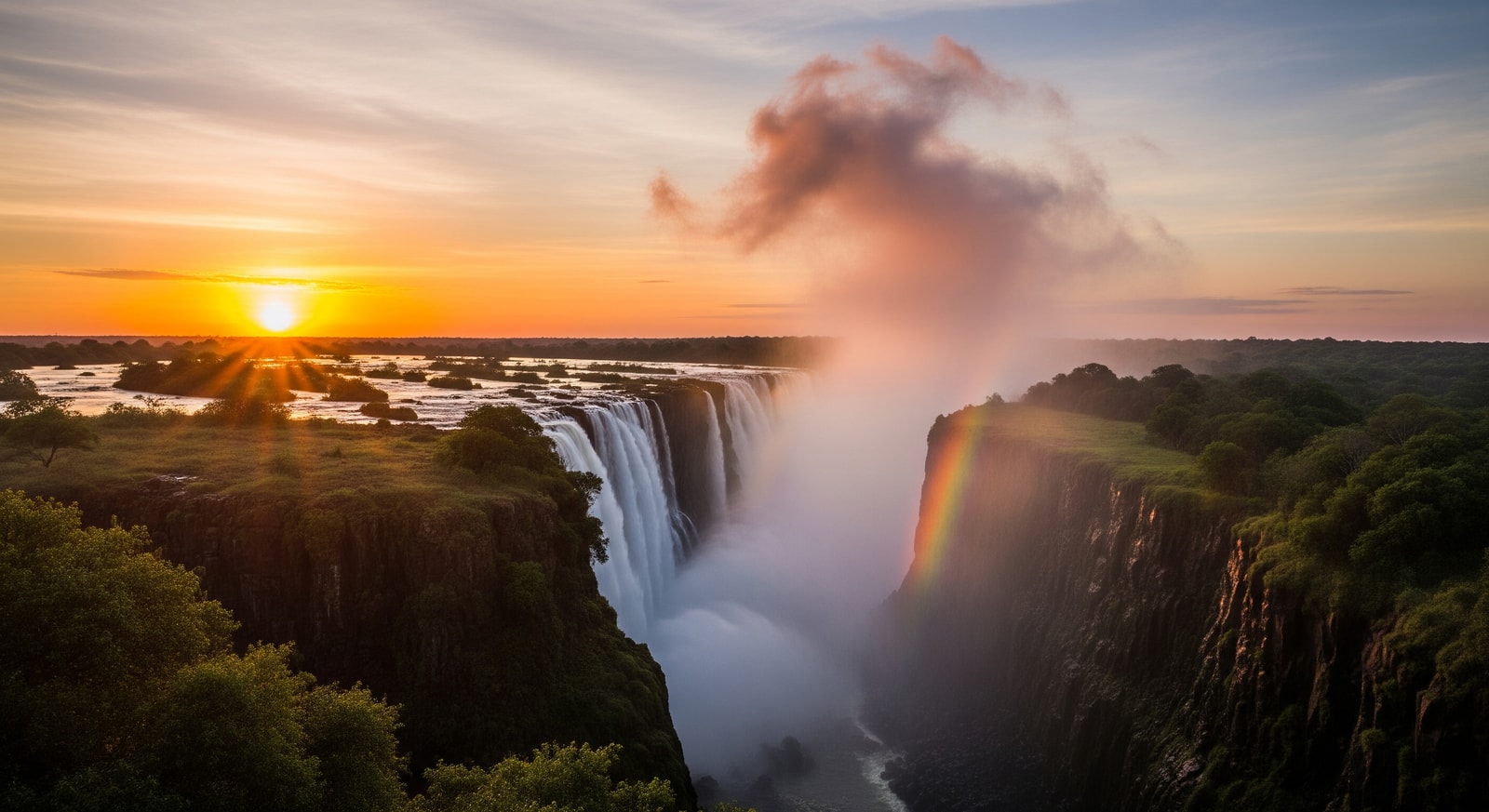 Sunset view over Victoria Falls with spray rising into the sky