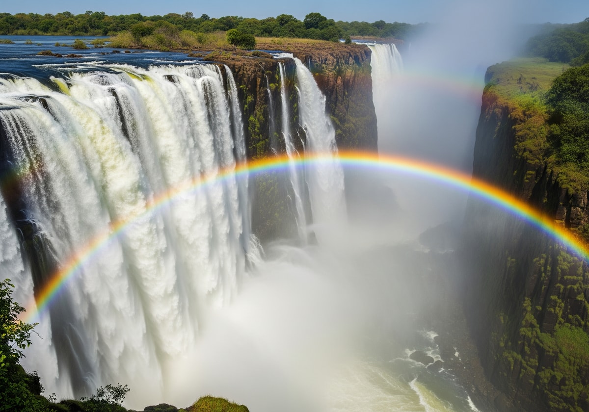 Rainbow forming in the spray of Victoria Falls with the main cataract in full flow