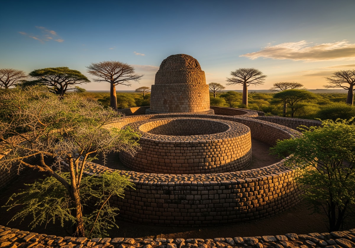 Ancient stone walls of Great Zimbabwe with tower structure visible