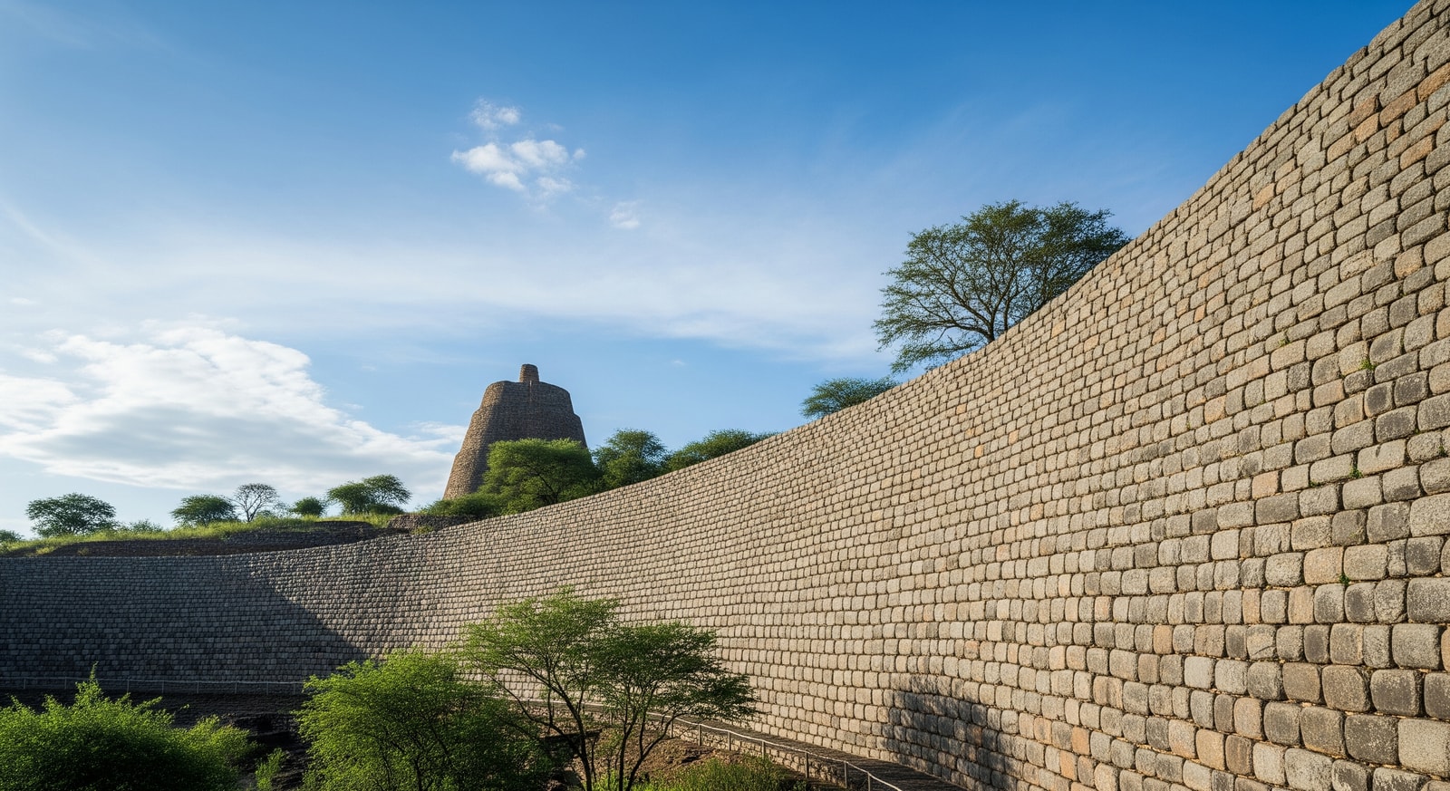 The Great Enclosure at Great Zimbabwe with its impressive curved stone walls rising against a blue sky