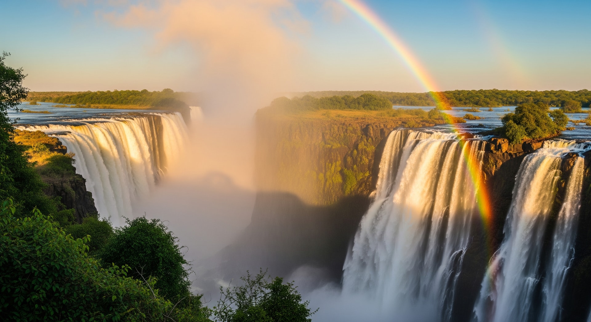 Majestic Victoria Falls with rainbow forming in the mist as the Zambezi River plunges into the gorge