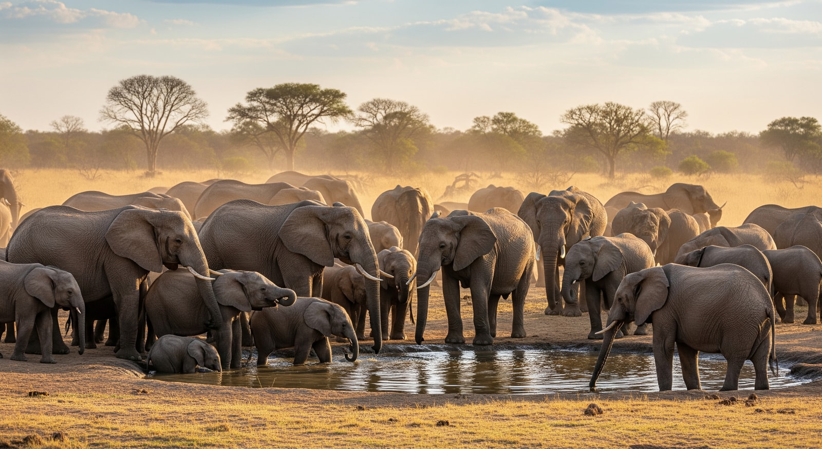 Large herd of elephants gathering at a waterhole in Hwange National Park during golden hour