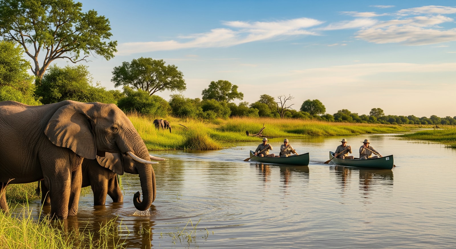 Canoe safari on the Zambezi River at Mana Pools with elephants drinking at the riverbank