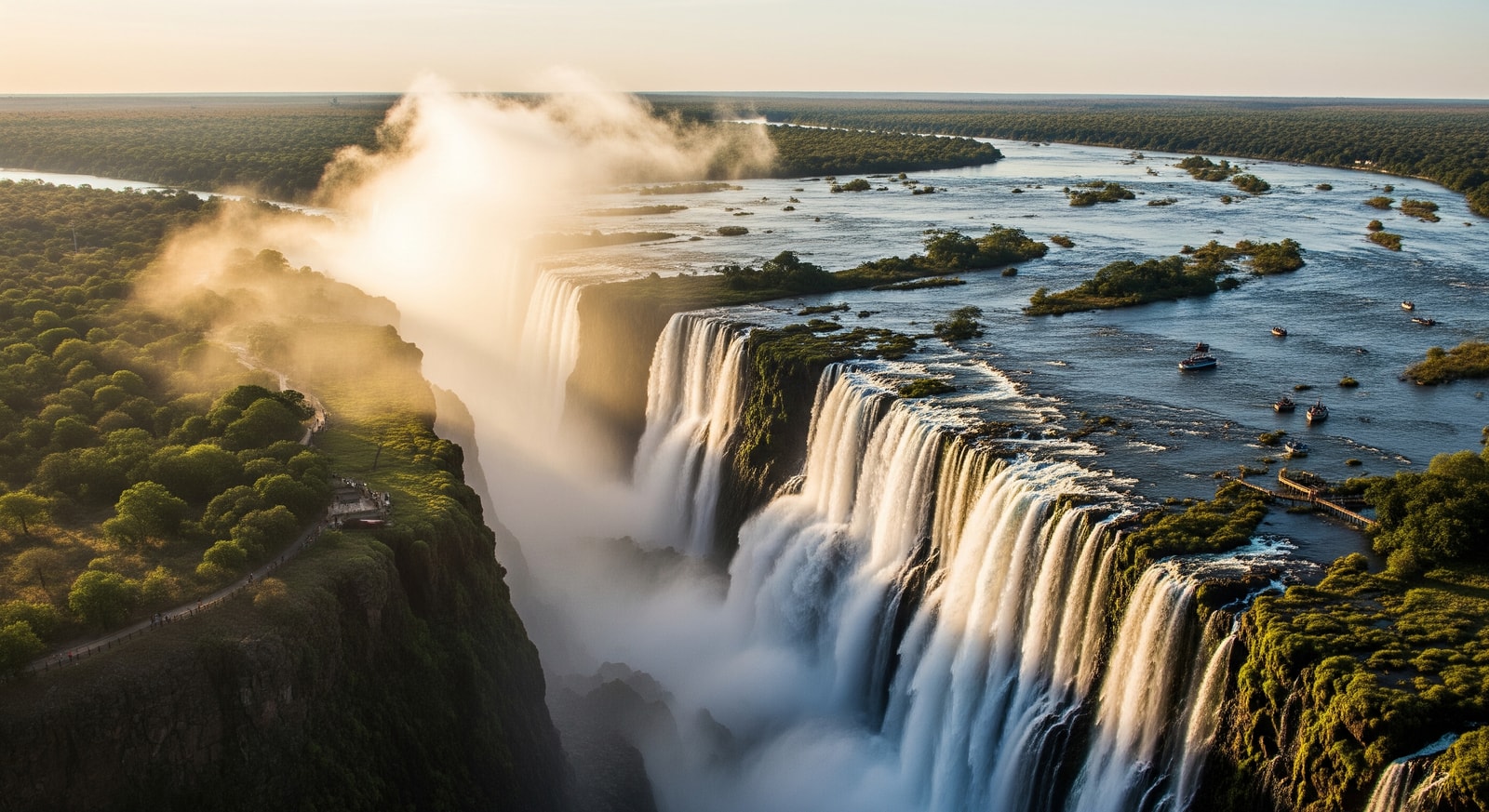 Aerial view of Victoria Falls showing the immense curtain of water spanning the Zambezi River