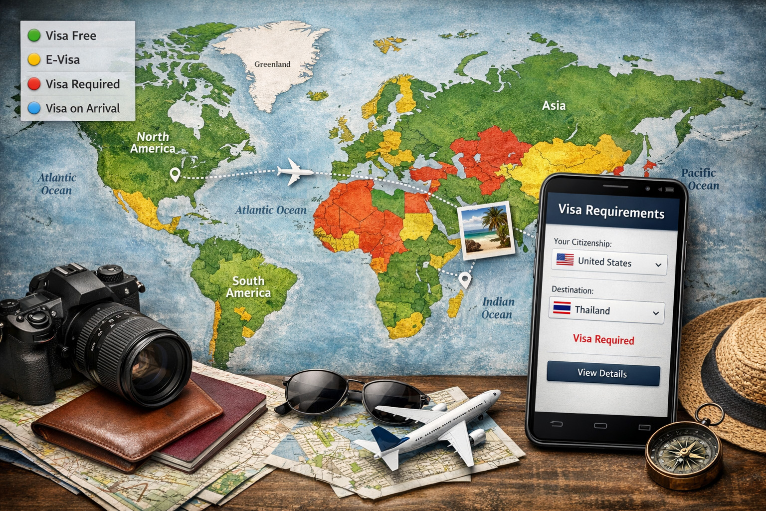 World map with travel destinations and visa requirements visualization