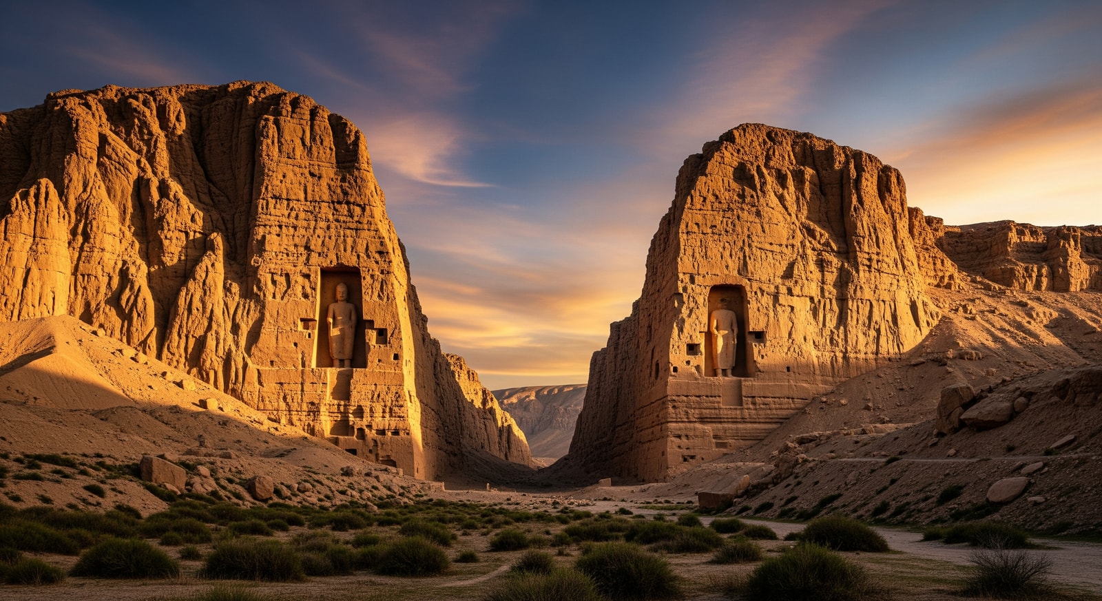 The dramatic cliffs of Bamiyan Valley showing the empty niches where the Buddha statues once stood