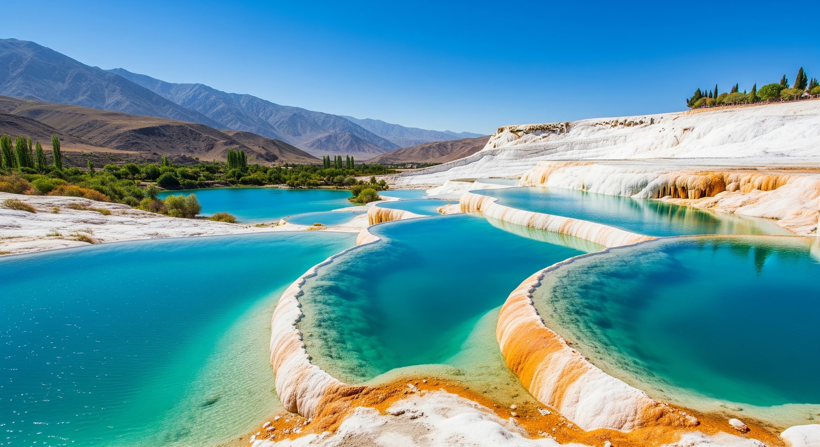 Crystal clear blue waters of Band-e-Amir National Park lakes with travertine dams in Afghanistan