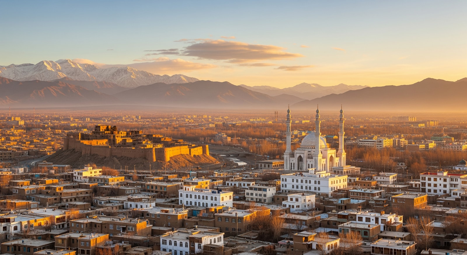 Panoramic view of Kabul city with traditional buildings and mountains in the background