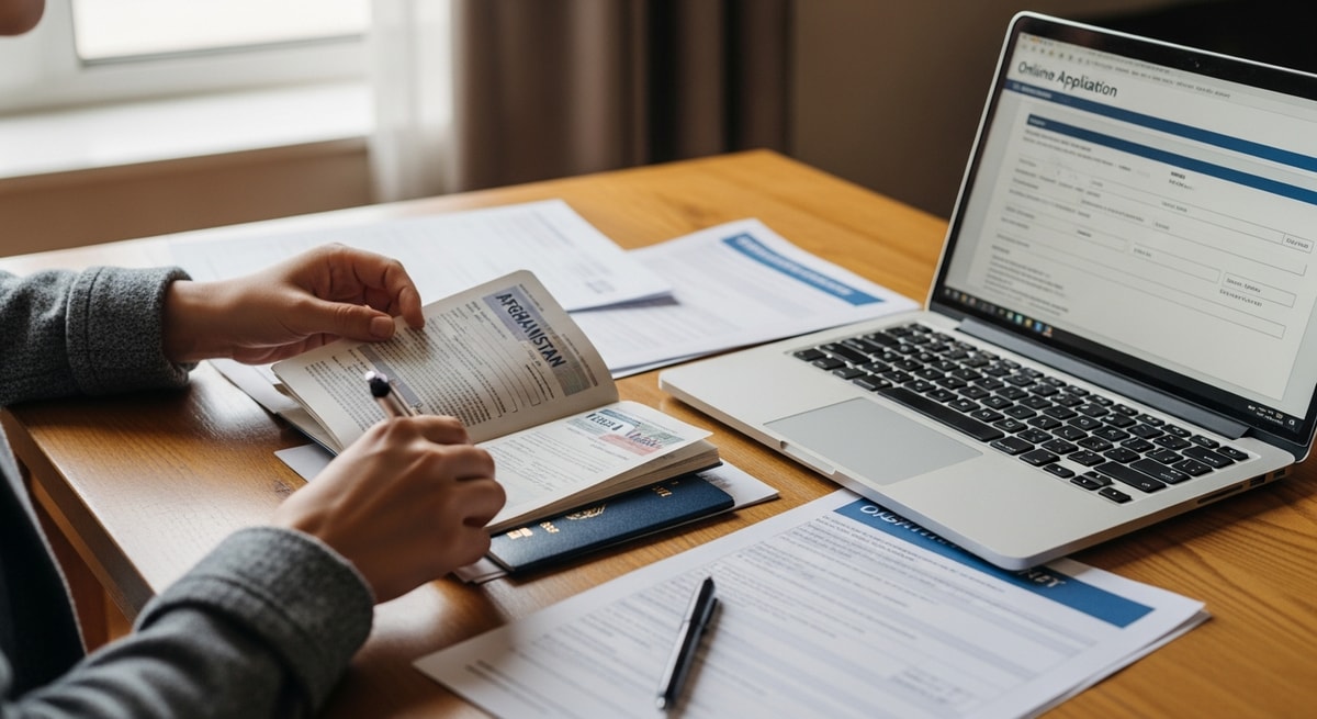 Traveler preparing Afghanistan visa documents with passport and laptop