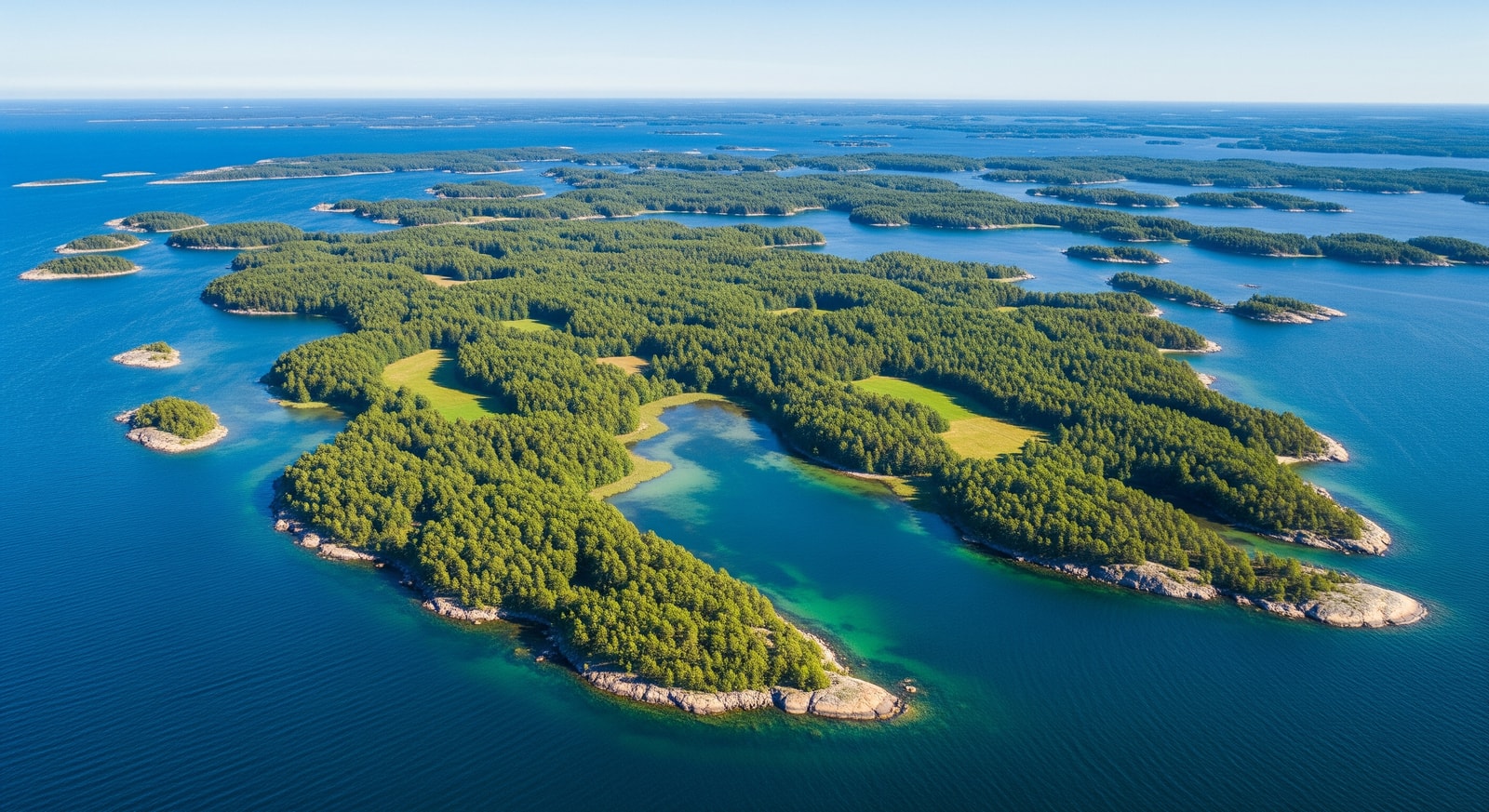 Aerial view of the Åland archipelago showing countless green islands dotting the blue Baltic Sea