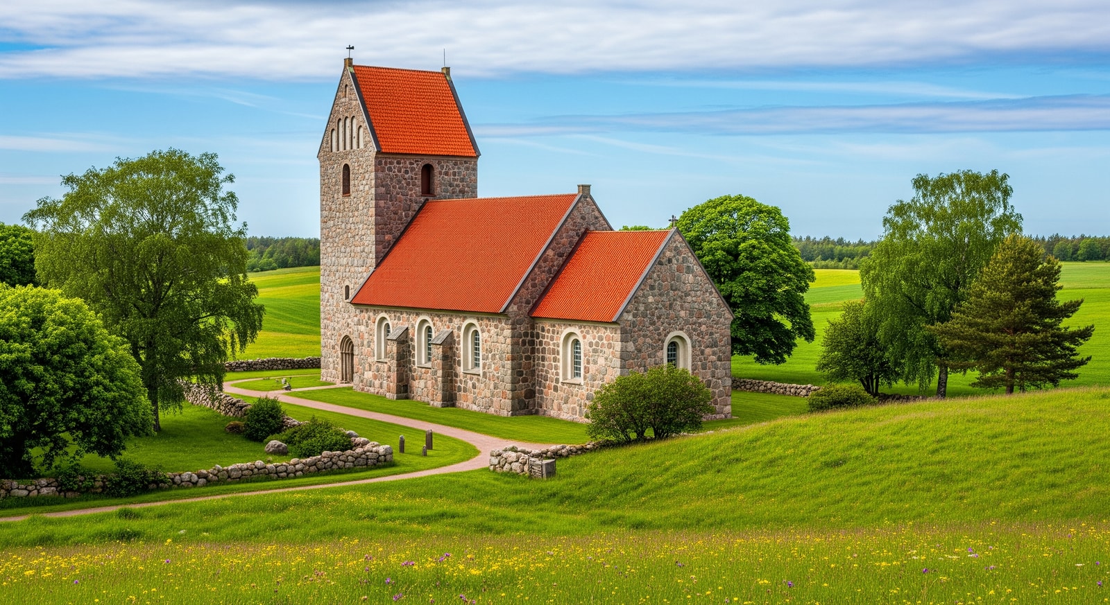 Medieval stone church with red roof surrounded by green fields in the Åland Islands countryside