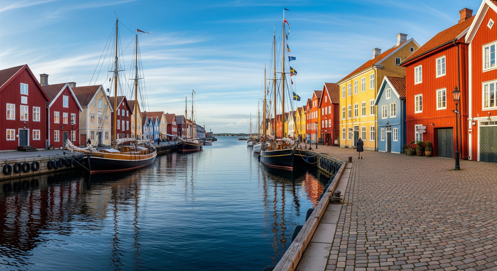 Historic Mariehamn waterfront with traditional wooden buildings and sailing vessels in the Åland Islands