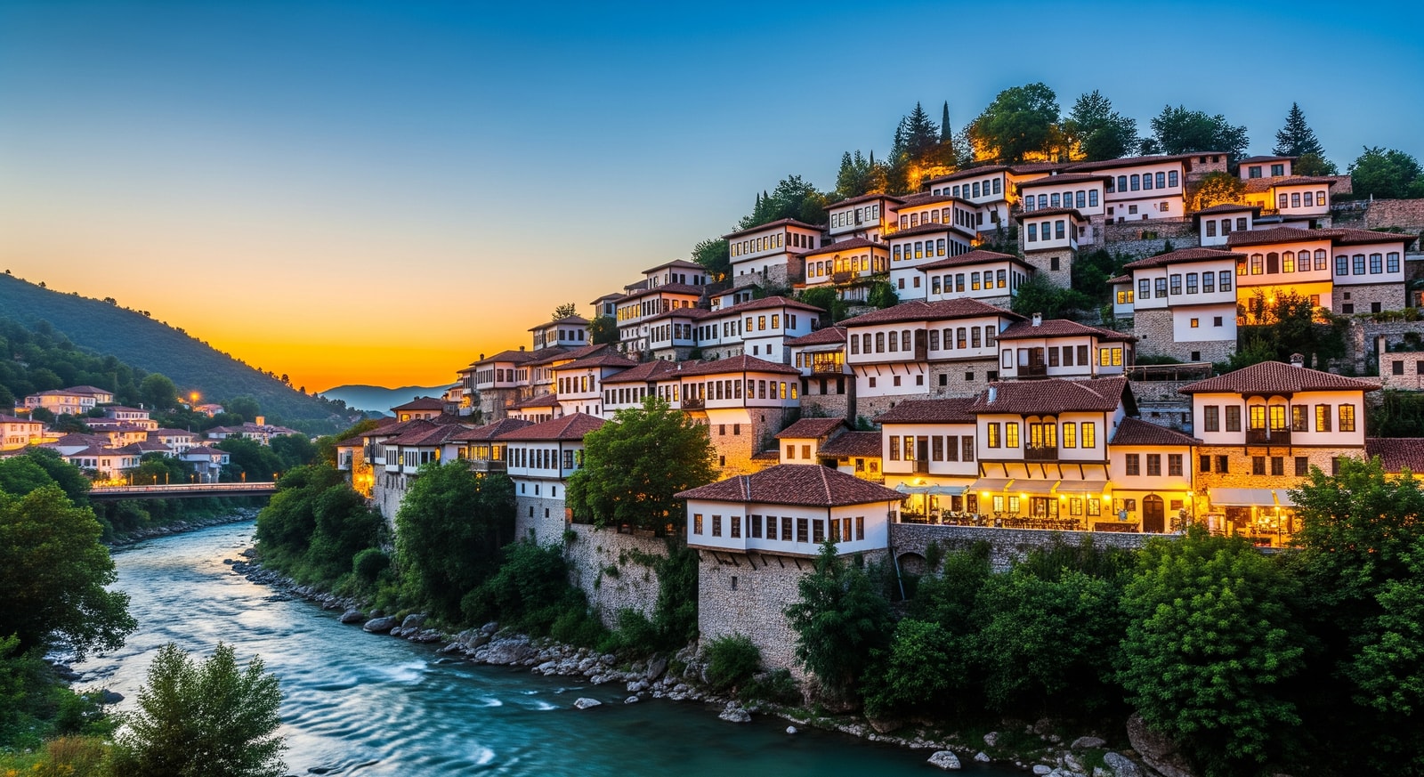 UNESCO World Heritage Site of Berat showing the famous thousand windows architecture on the hillside