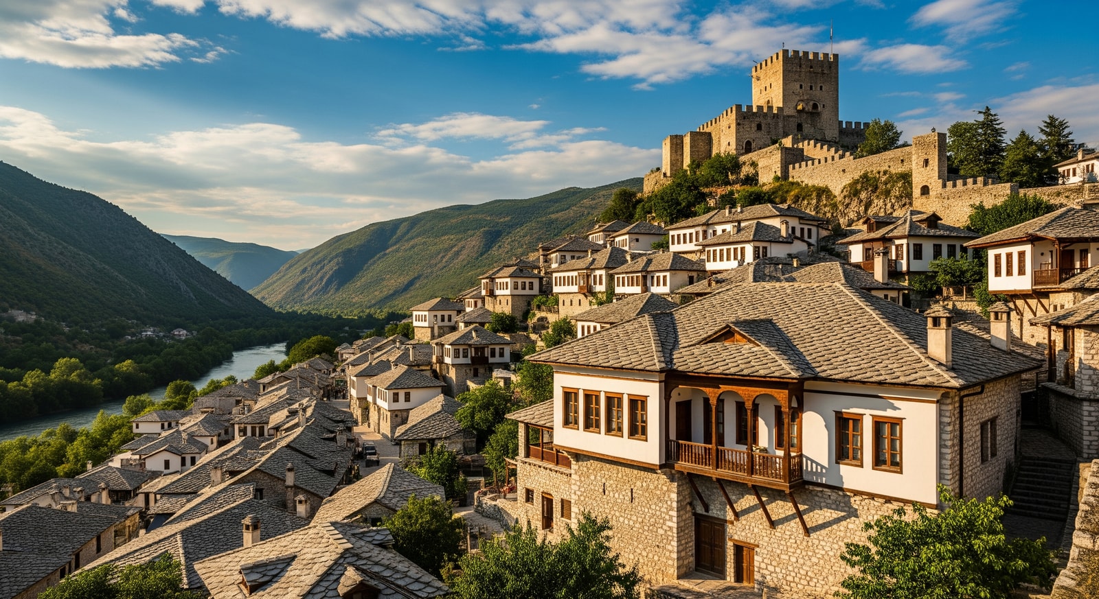 Stone houses and Ottoman architecture of Gjirokaster old town with the castle overlooking the valley