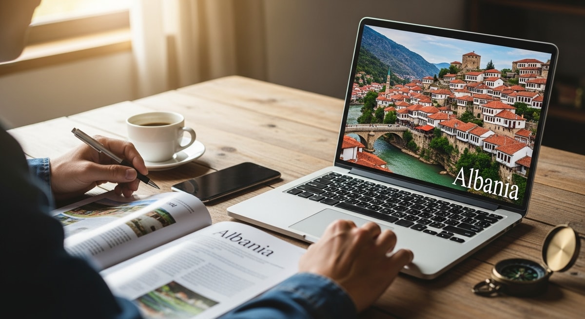 Traveler planning Albania trip with laptop showing Berat old town