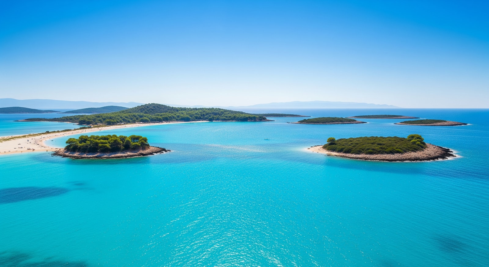 Crystal clear turquoise waters of the Albanian Riviera with Ksamil beach and islands in the distance