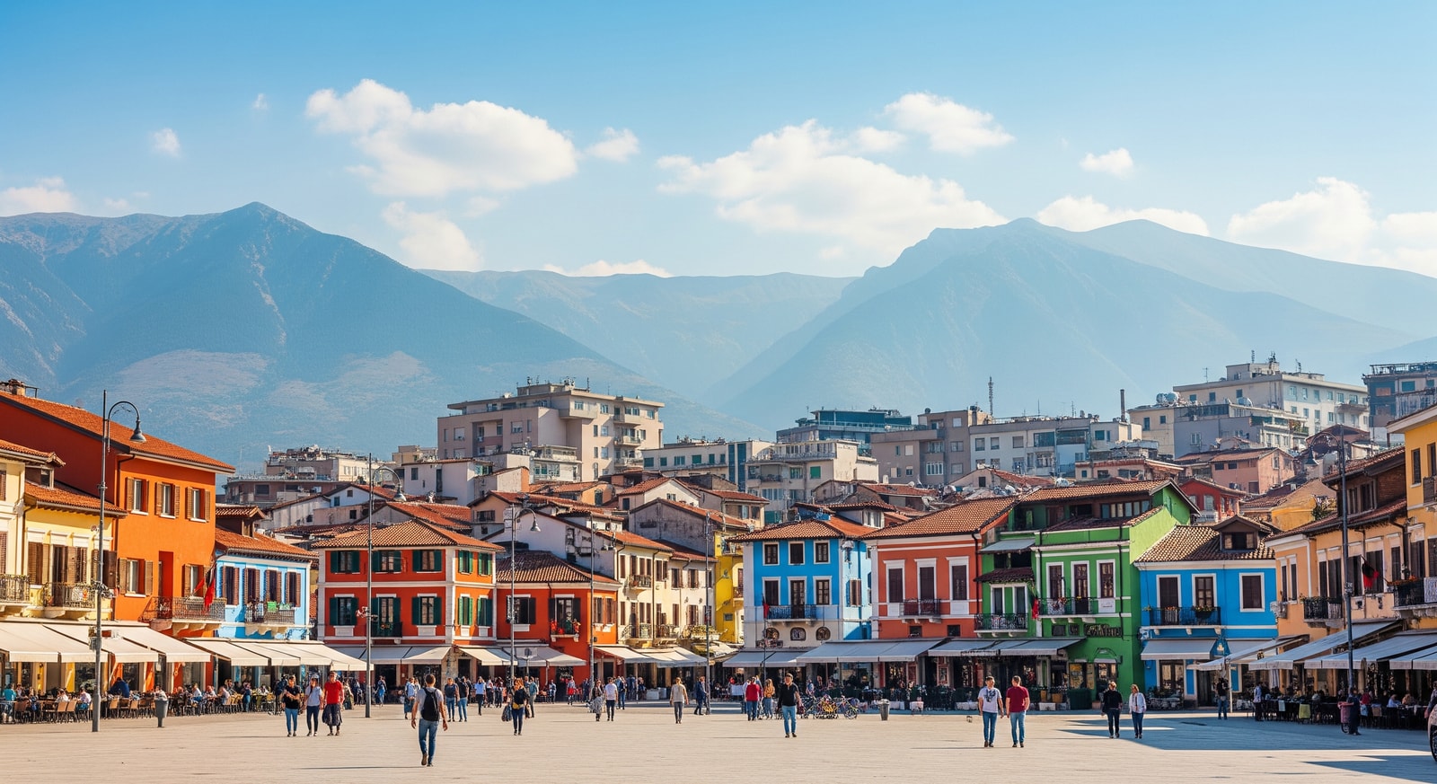 Colorful buildings and Skanderbeg Square in downtown Tirana with mountains in the background