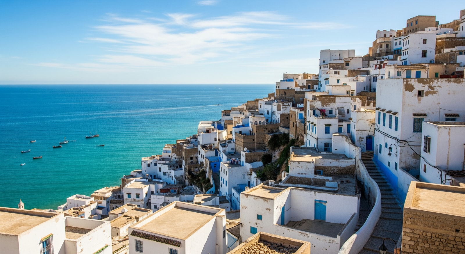 Traditional white buildings of the Casbah of Algiers UNESCO World Heritage Site overlooking the Mediterranean
