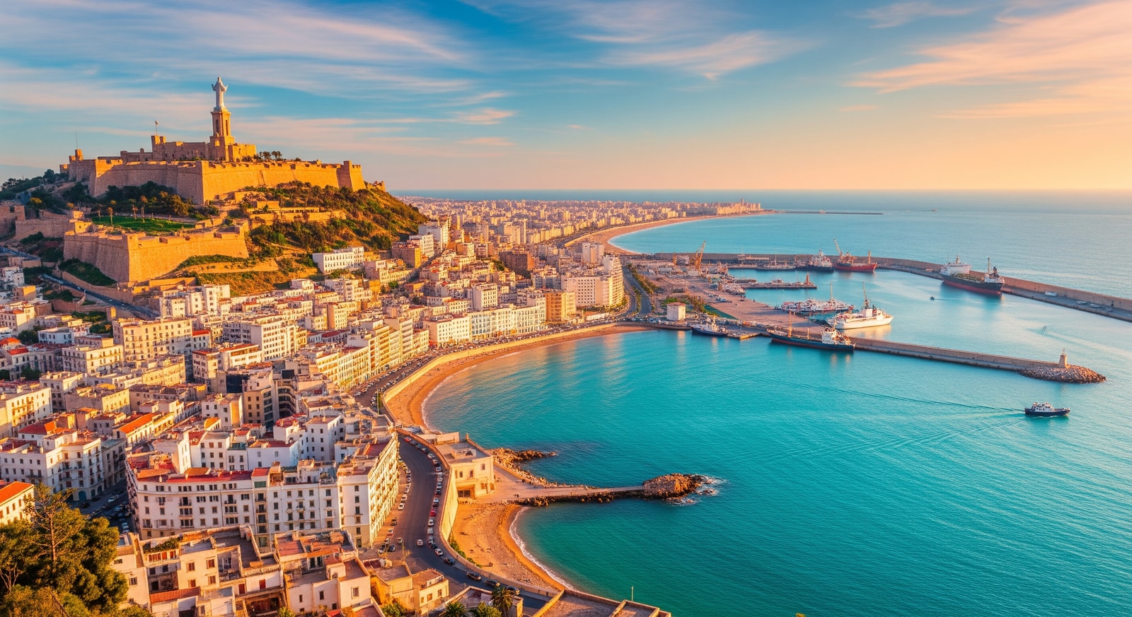 Panoramic view of Oran city with Santa Cruz fortress and the Mediterranean coastline