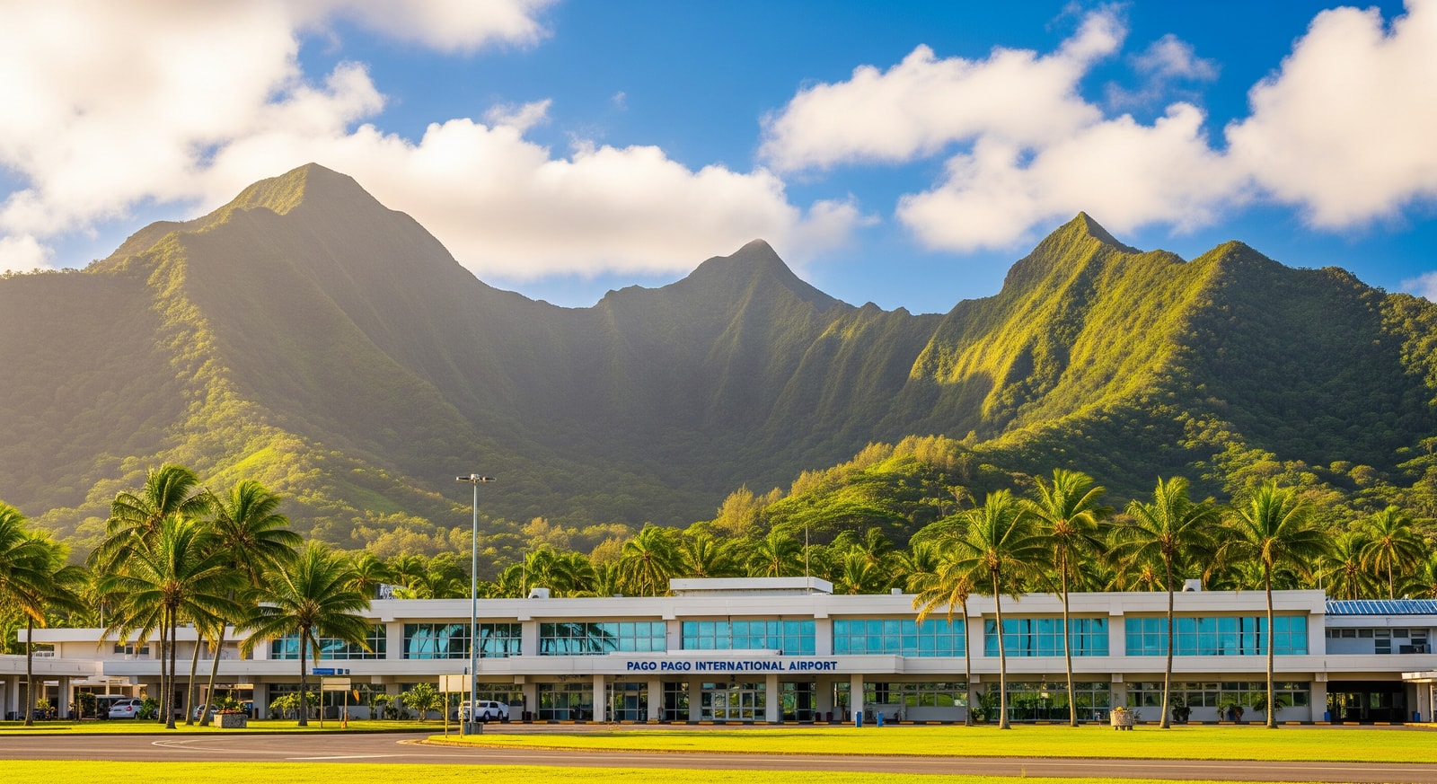 Pago Pago International Airport terminal with tropical mountains in the background and palm trees