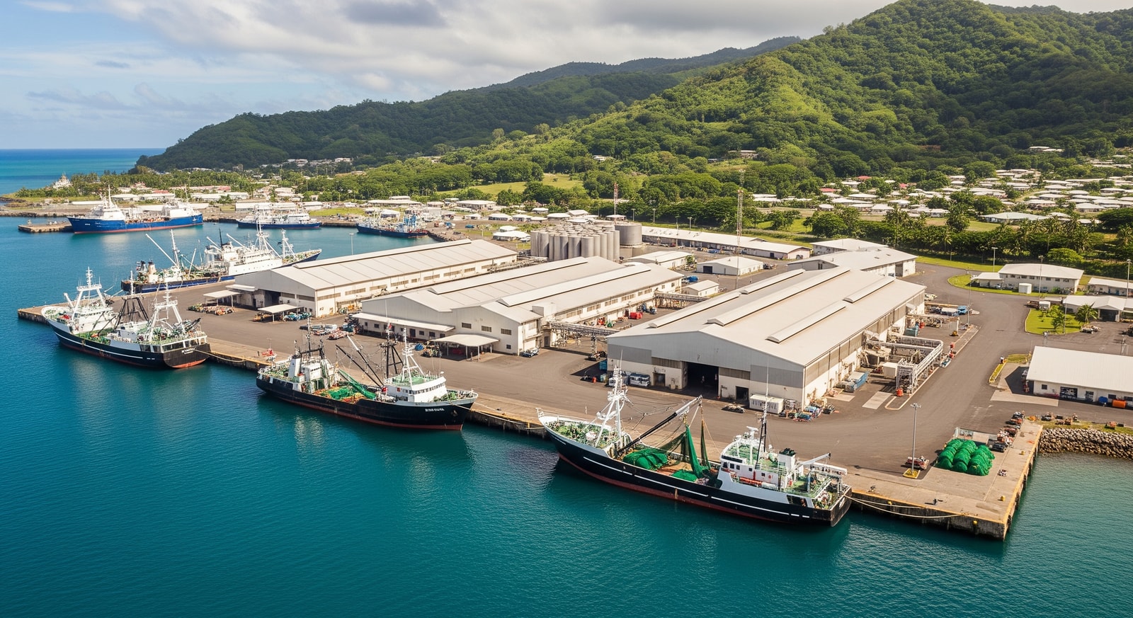 Aerial view of the tuna cannery facilities at Pago Pago with fishing vessels in the harbor