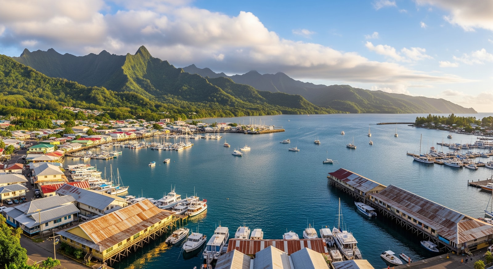 Panoramic view of Pago Pago Harbor surrounded by dramatic green mountains and traditional waterfront buildings