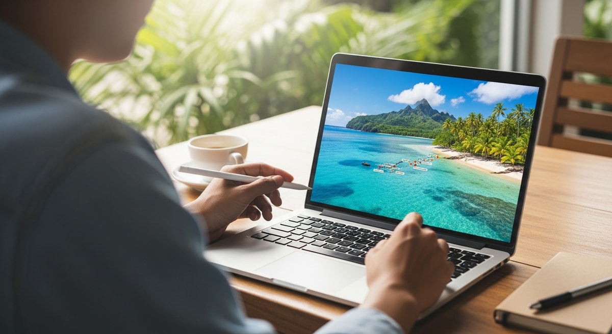 Traveler planning American Samoa trip with laptop showing tropical island scenery