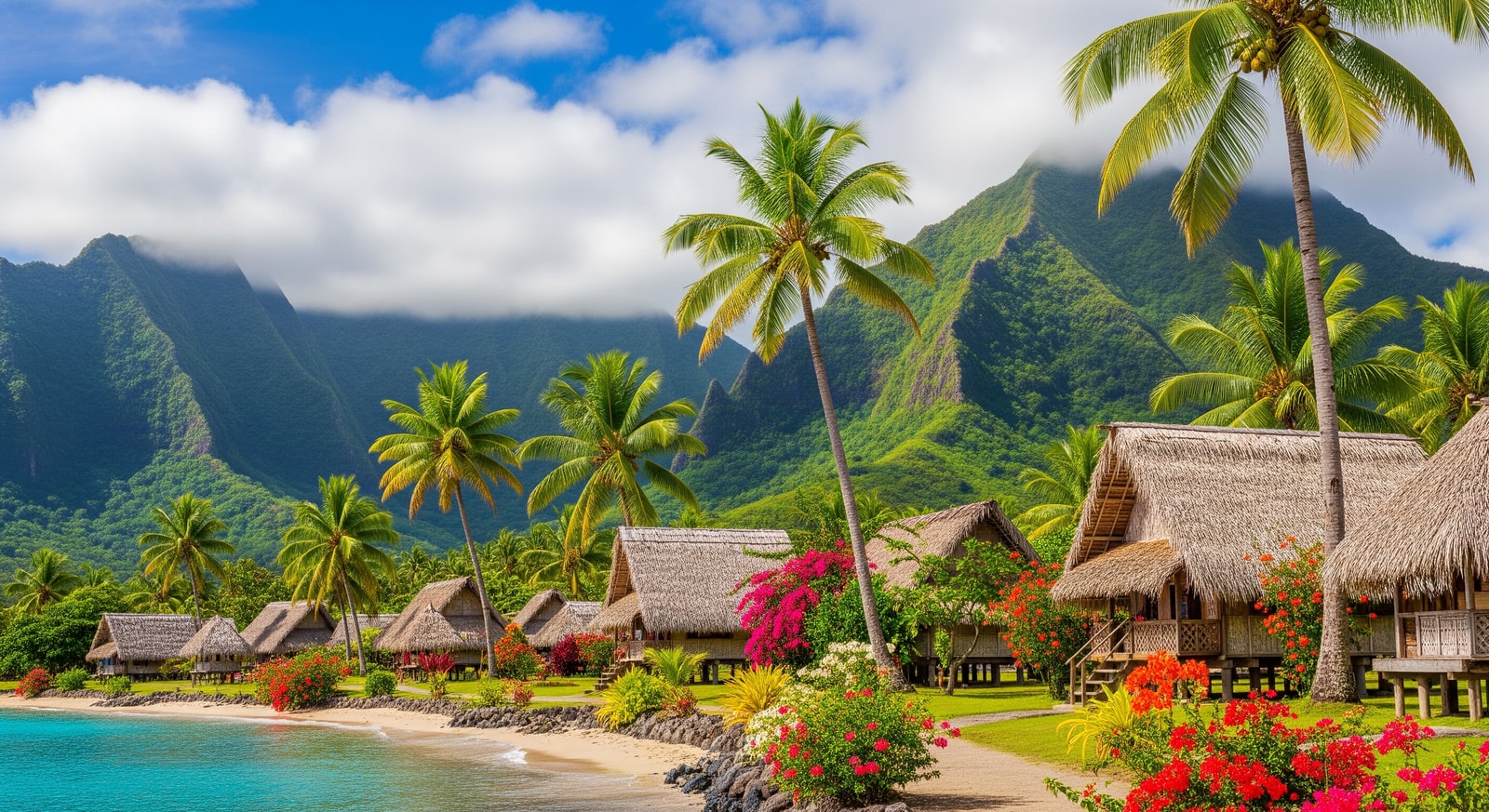 Traditional Samoan village with fales surrounded by palm trees and tropical flowers against mountain backdrop