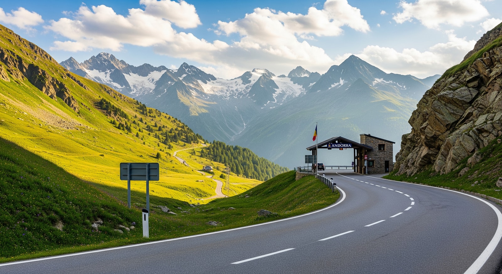 Scenic mountain road approaching Andorra border crossing with Pyrenees peaks in background
