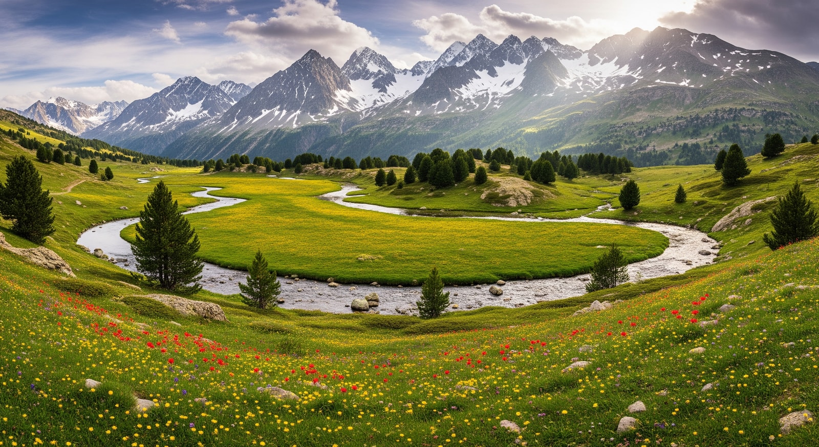 Dramatic Pyrenees mountain landscape surrounding Andorra with alpine meadows and snow-capped peaks