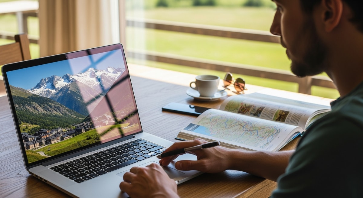 Traveler planning Andorra trip with laptop showing Pyrenees mountain scenery
